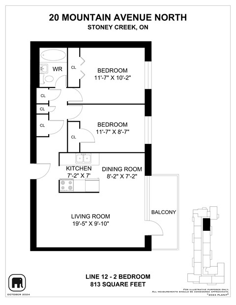 Floor plan for 2 beds, 1 bath, 795 sqft